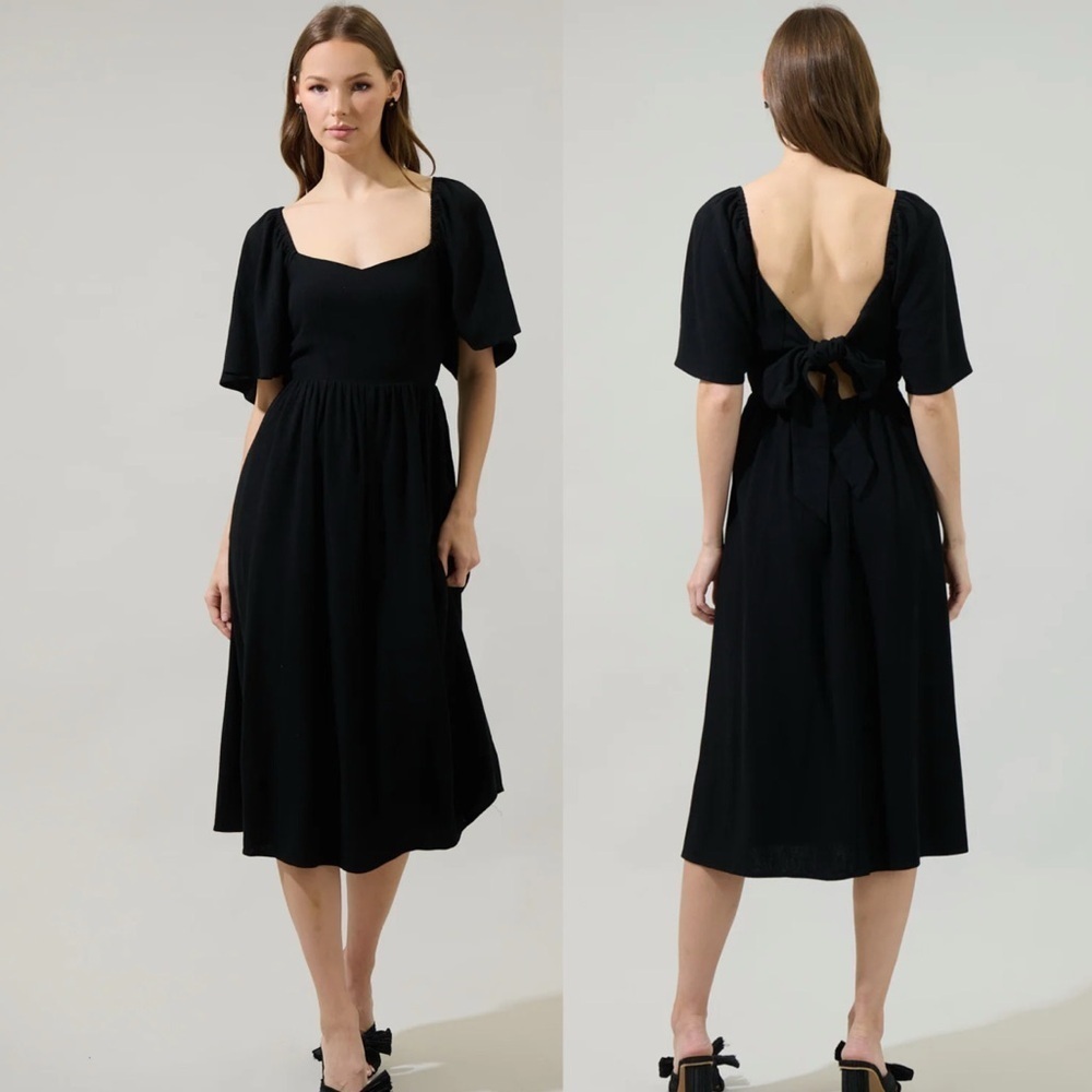 SugarLips Saint Tropez Cassia Tie Back Linen Midi Dress in black linen summer